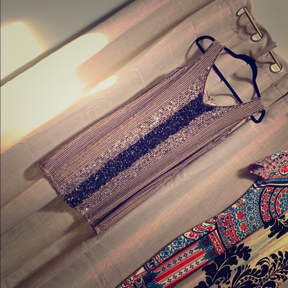 Beaded Belle Badgley Mischka silk mini dress.